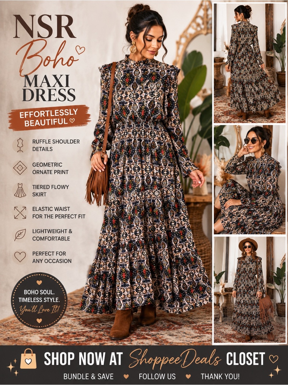 NSR Geometric Ornate Print Tiered Ruffle Shoulder Boho Maxi Dress